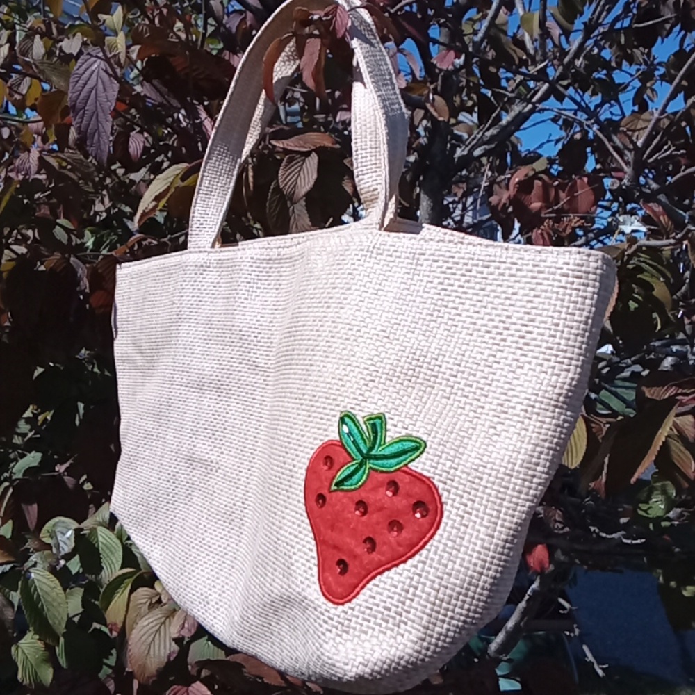 Strawberry Embroidered Beige Tote Bag EUC